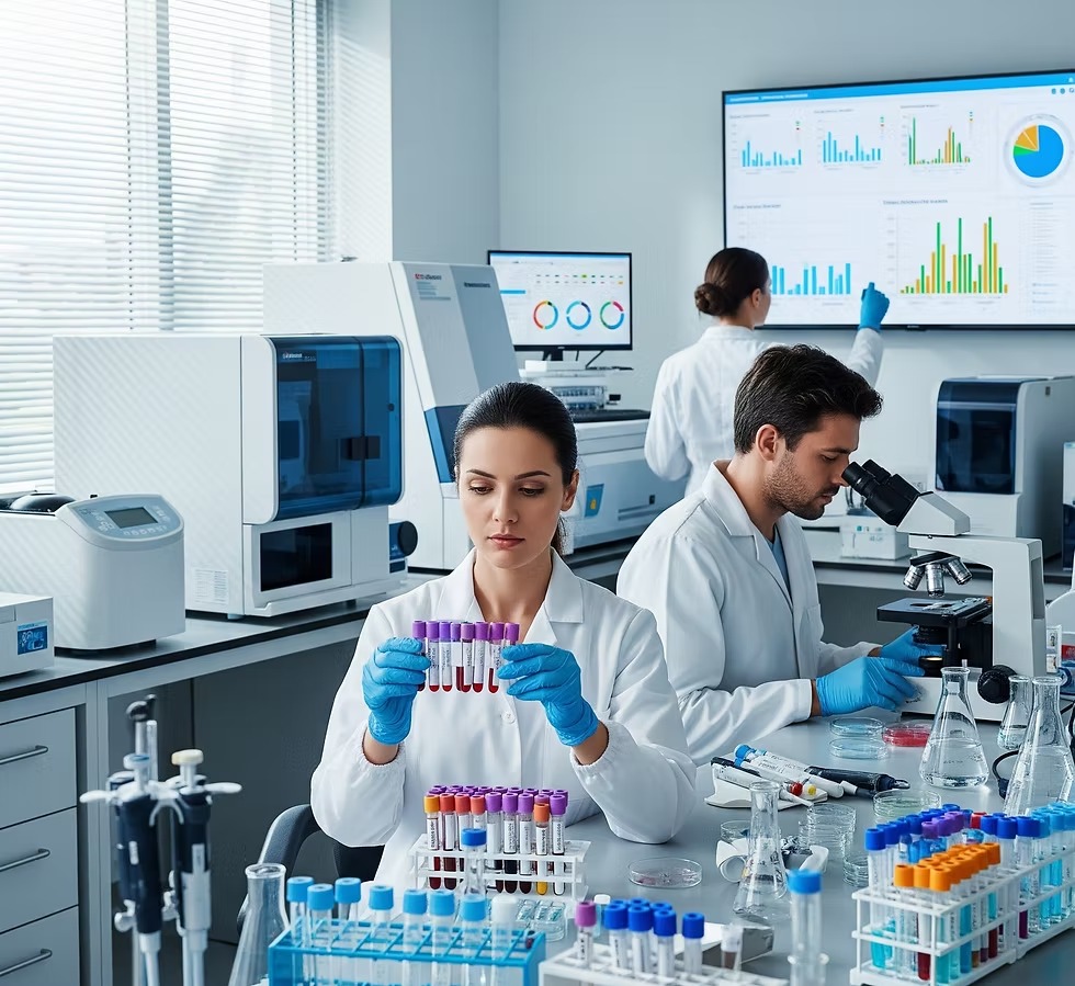 Equipo de laboratorio clínico trabajando con equipos de análisis